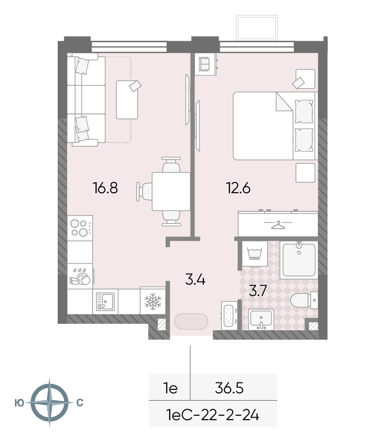 Планировка 1-комн, 36.5 м²