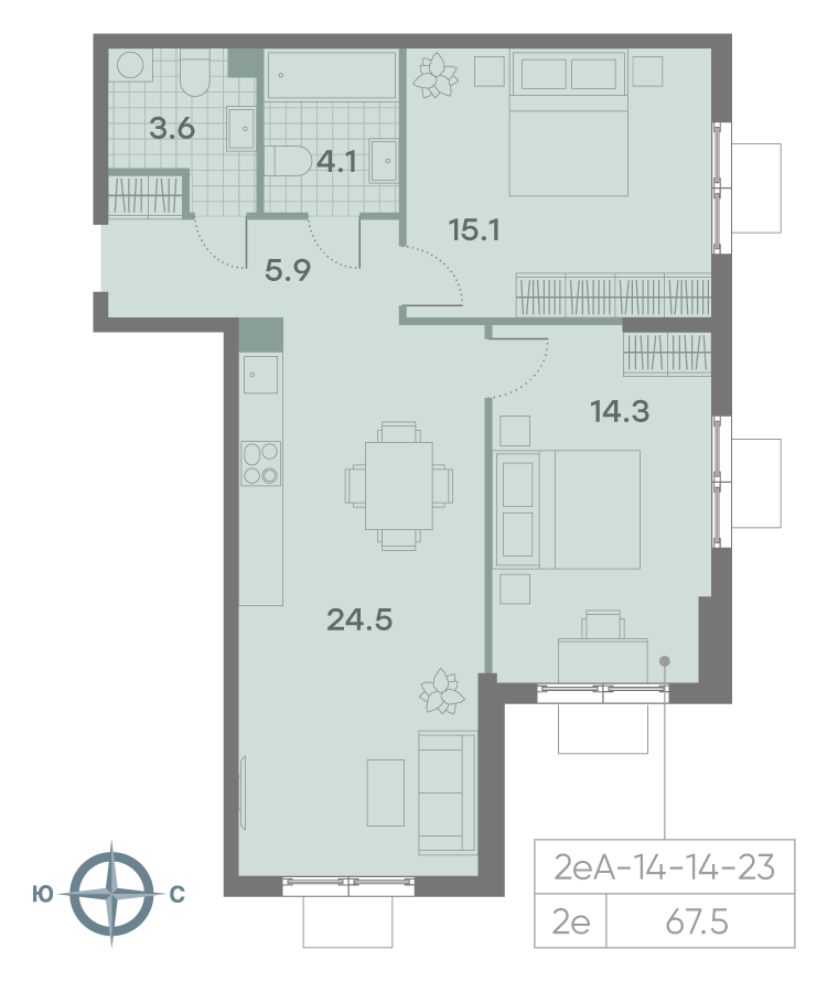 Планировка 2-комн, 67.6 м²