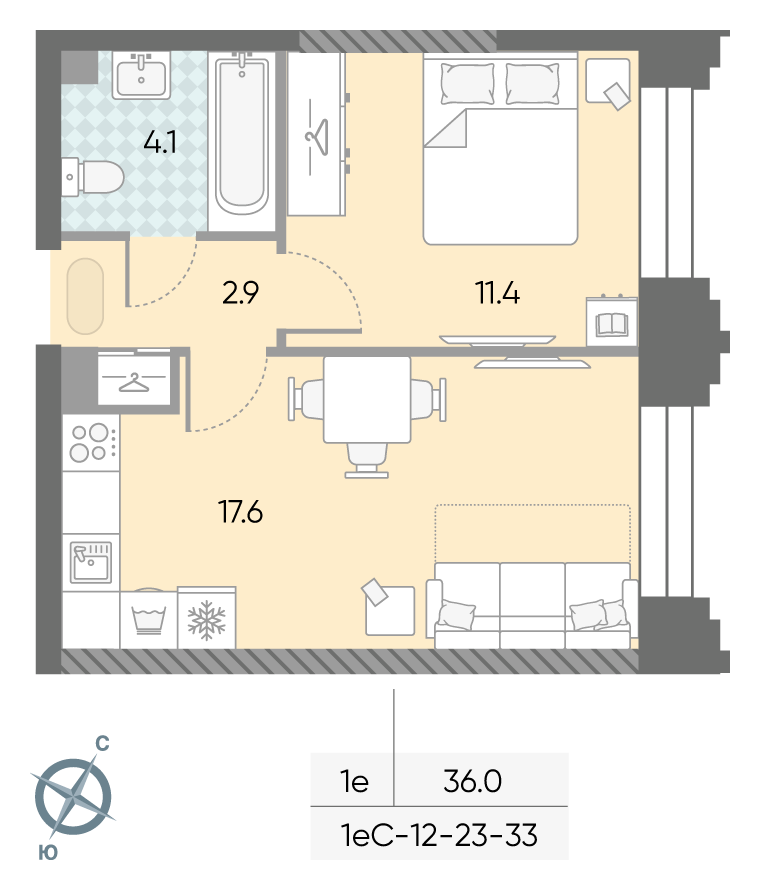 Планировка 1-комн, 36 м²
