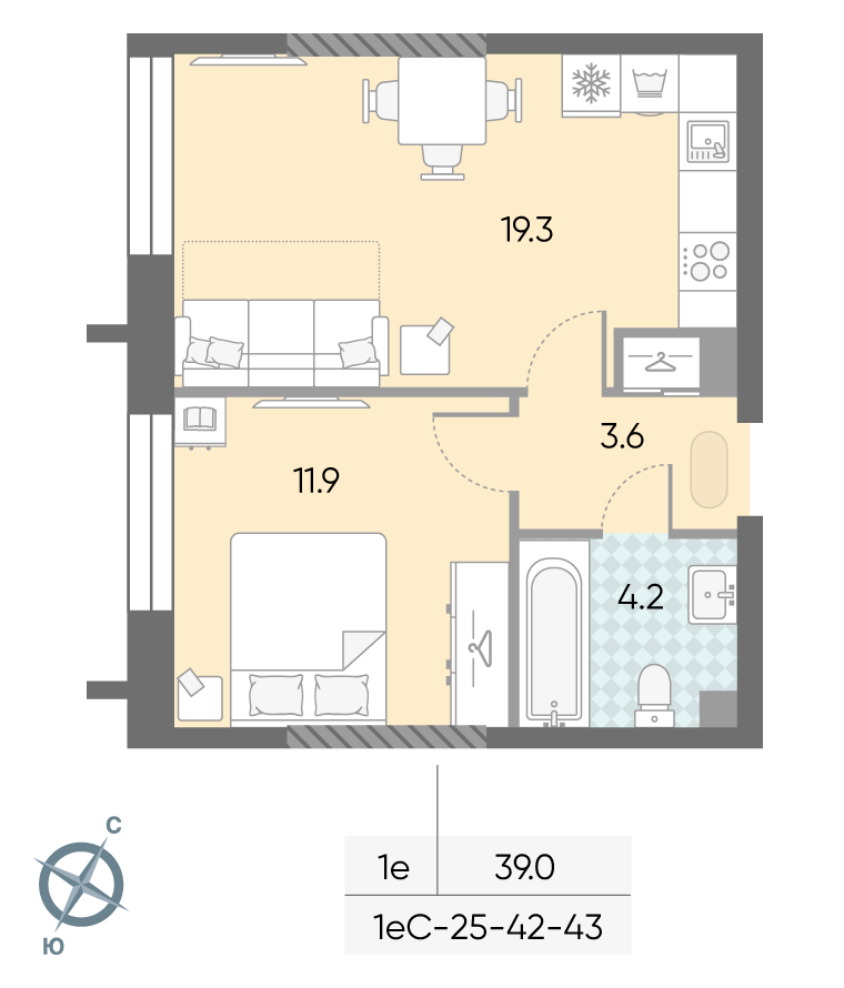 Планировка 1-комн, 39 м²