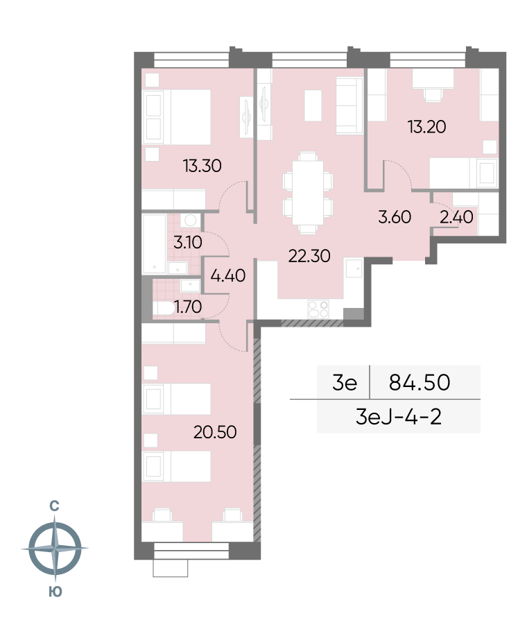 Планировка 3-комн, 84.5 м²
