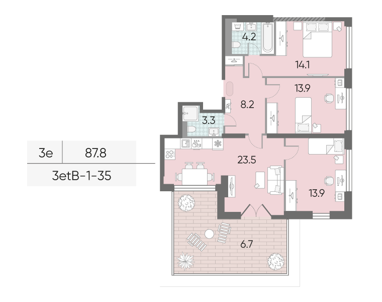 Планировка 3-комн, 87.8 м²