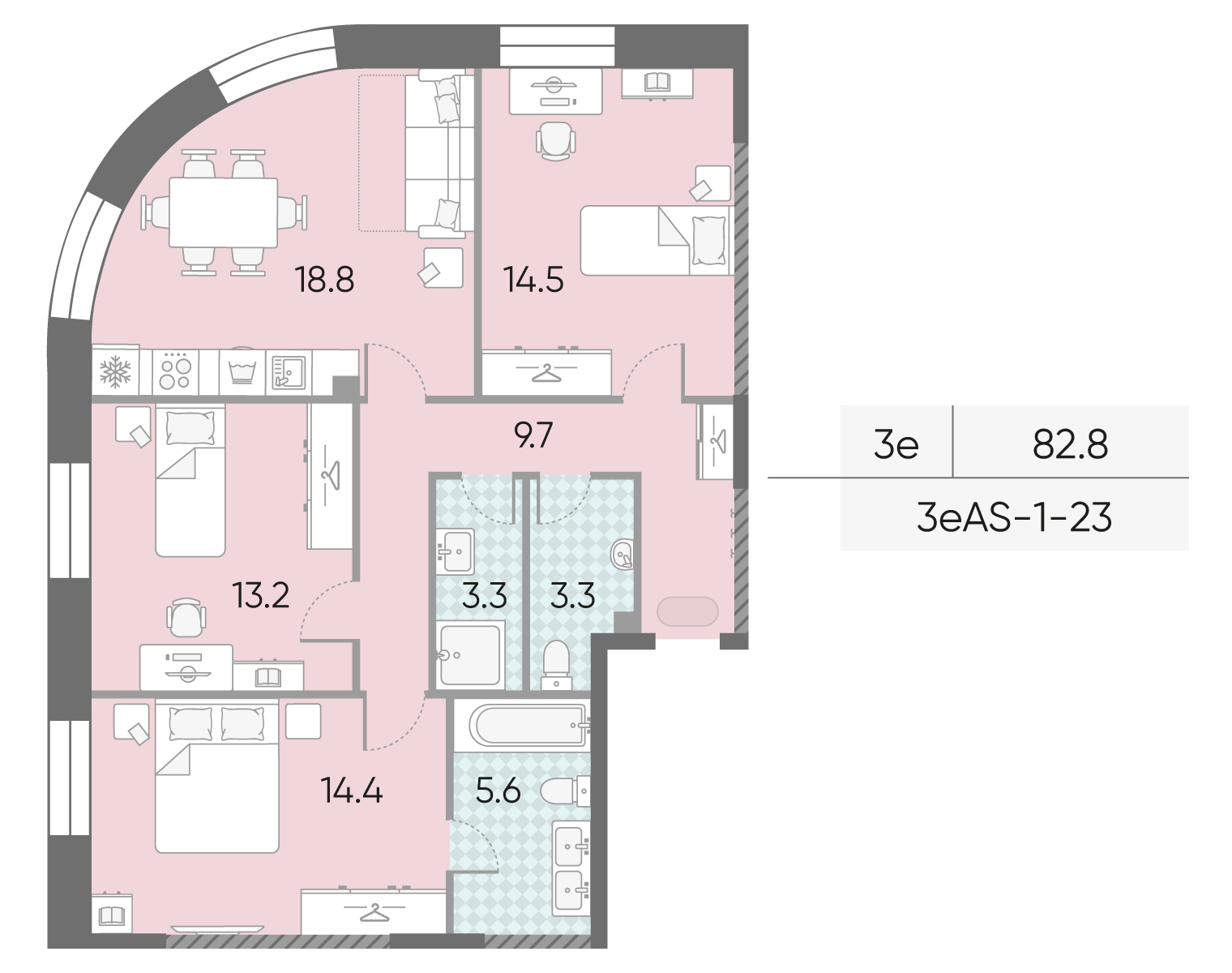 Планировка 3-комн, 82.8 м²
