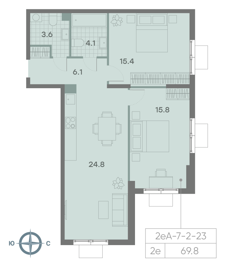 Планировка 2-комн, 70 м²