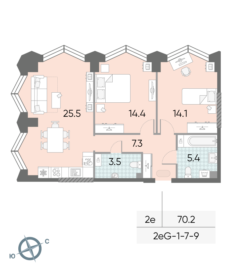 Планировка 2-комн, 70.2 м²