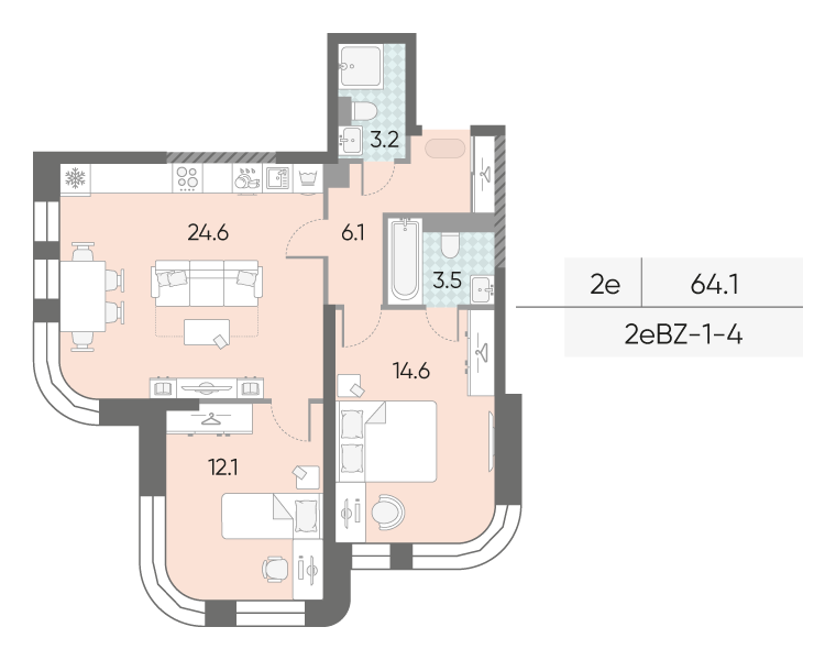 Планировка 2-комн, 64.1 м²