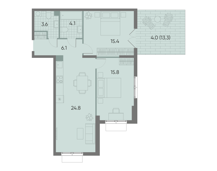 Планировка 2-комн, 74.1 м²