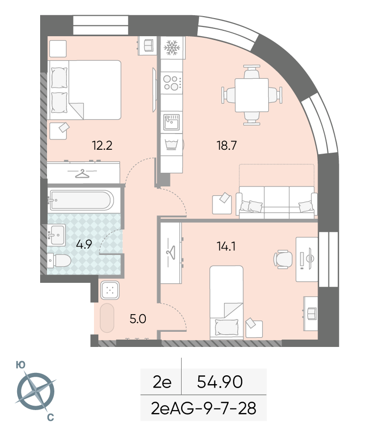 Зиларт, 2-комнатная, 54.8 м²