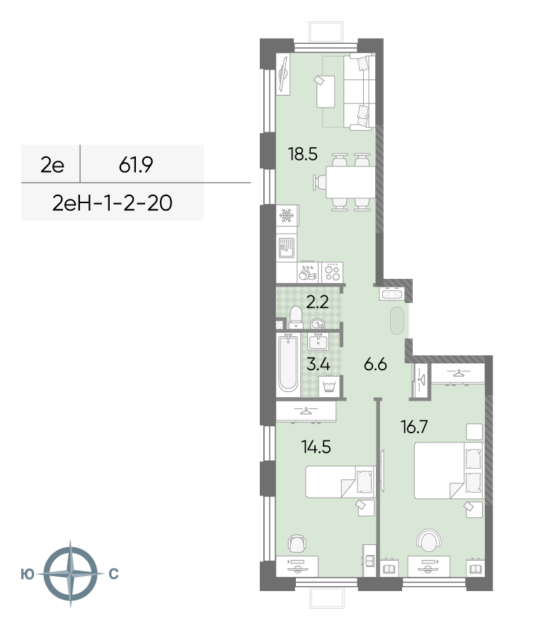 Планировка 2-комн, 61.9 м²