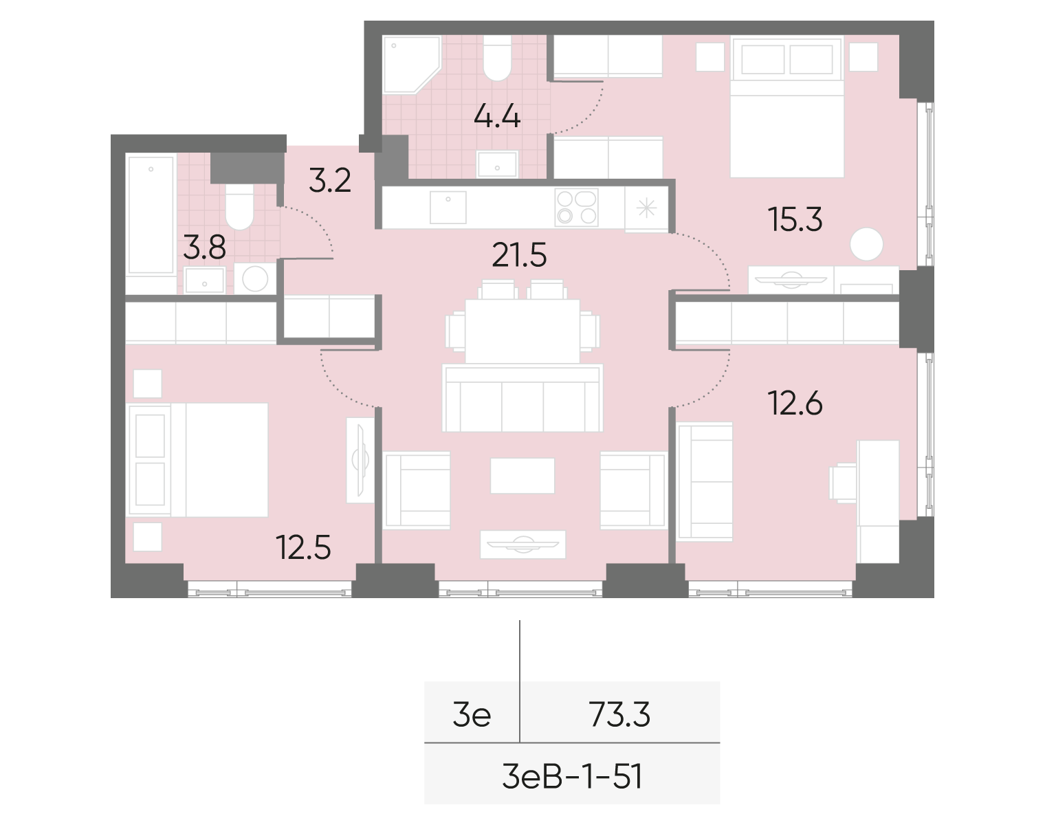 Планировка 3-комн, 73.3 м²