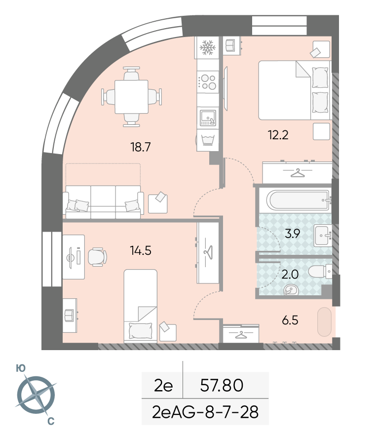 Зиларт, 2-комнатная, 57.8 м²