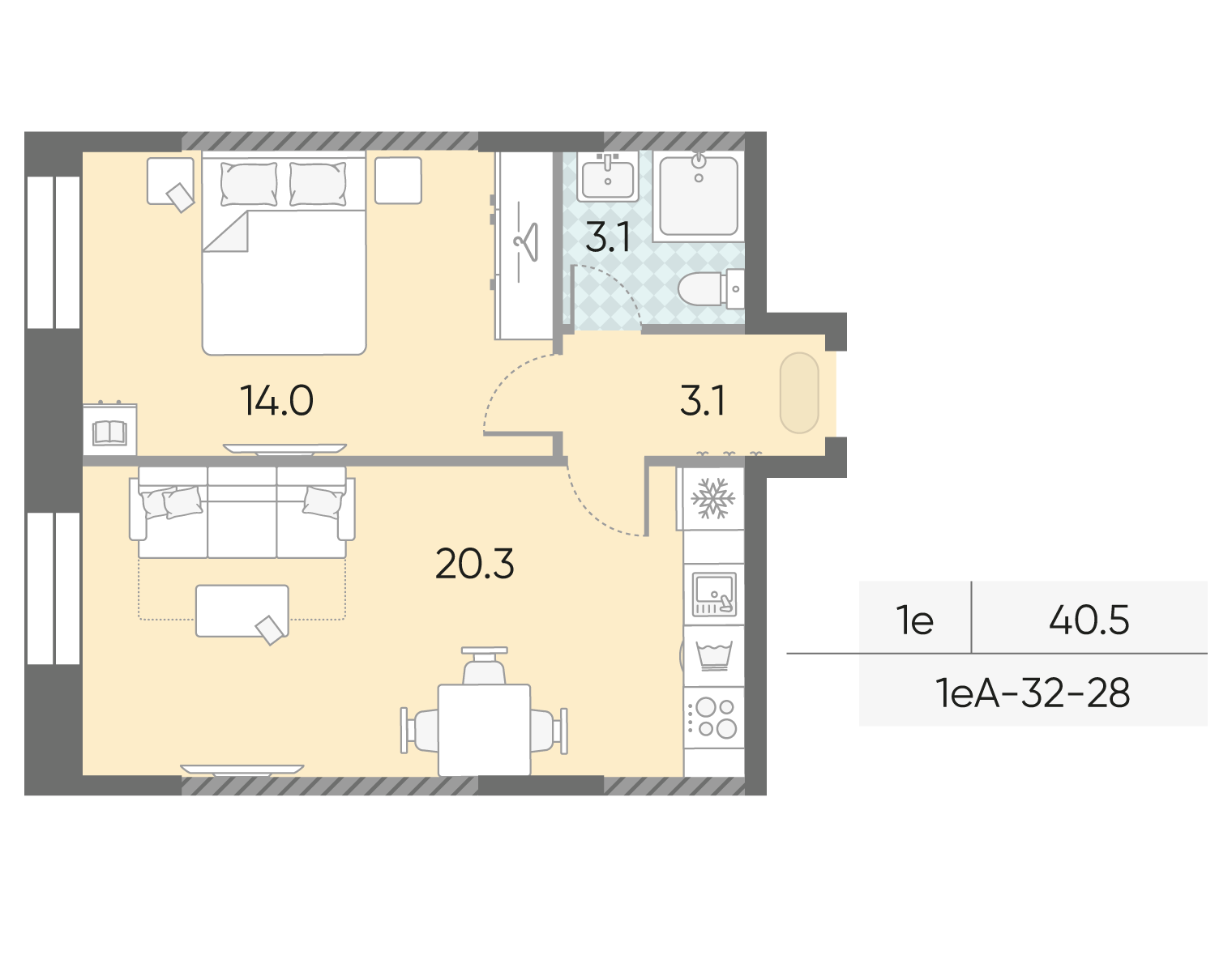 Планировка 1-комн, 40.5 м²