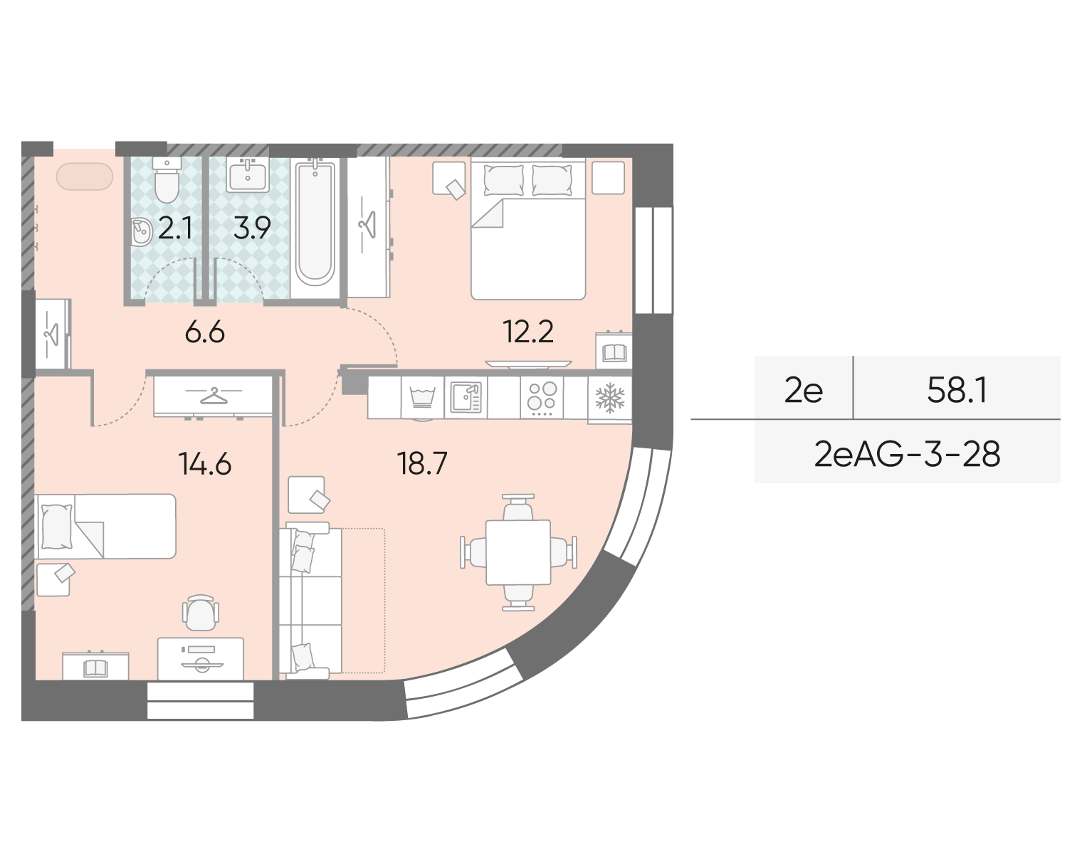 Планировка 2-комн, 58.1 м²