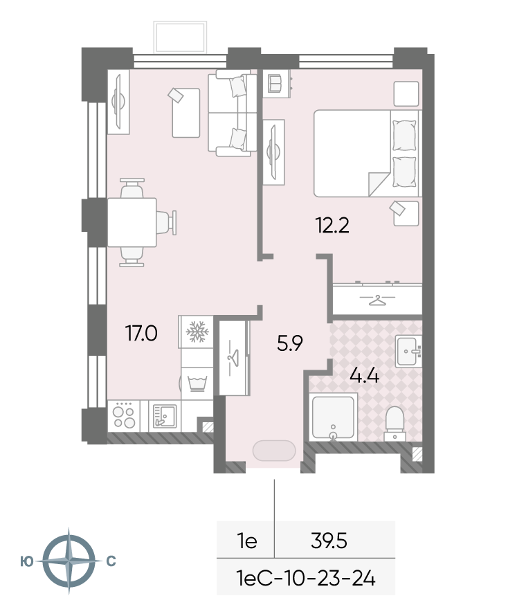 Планировка 1-комн, 39.5 м²