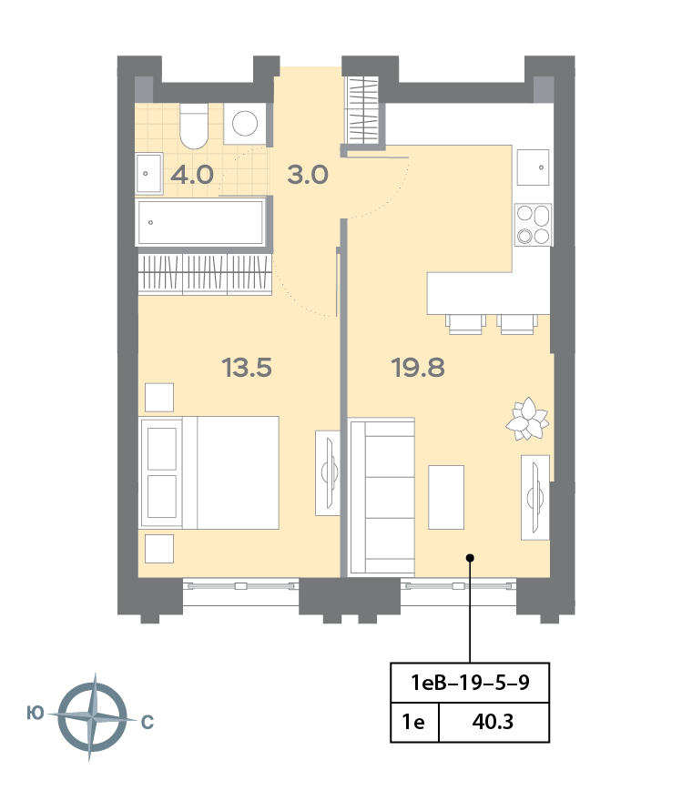 Планировка 1-комн, 40.3 м²
