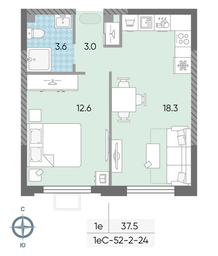Планировка 1-комн, 37.5 м²