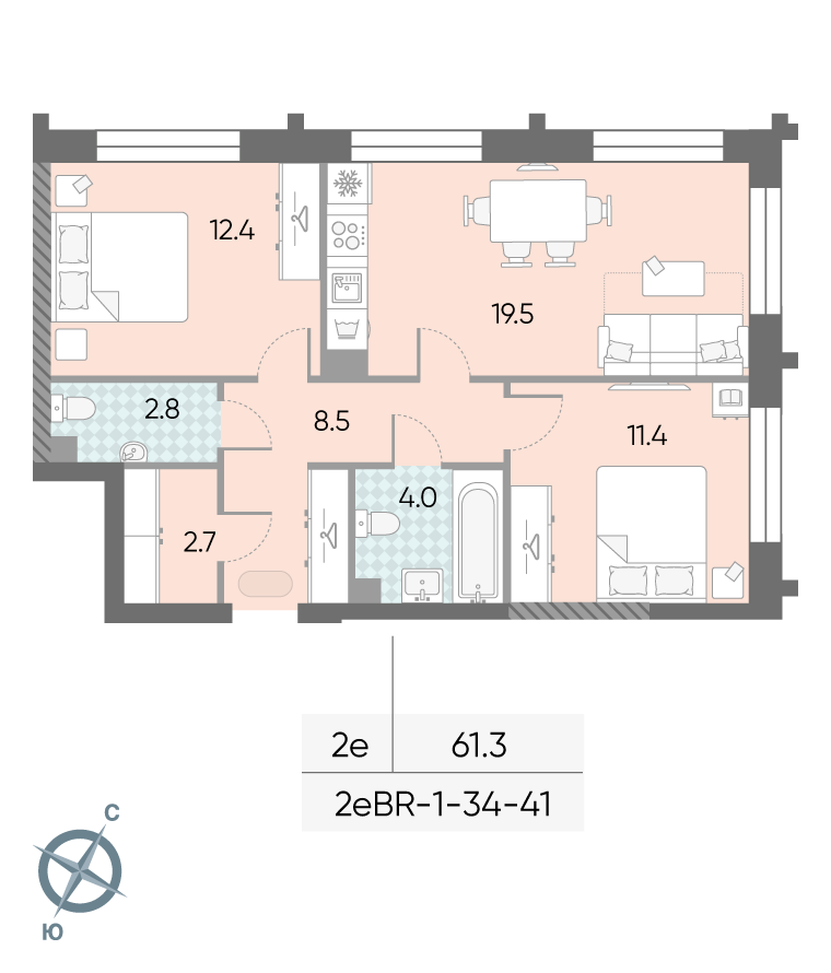 Планировка 2-комн, 61.3 м²