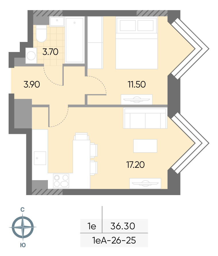 Планировка 1-комн, 36.3 м²