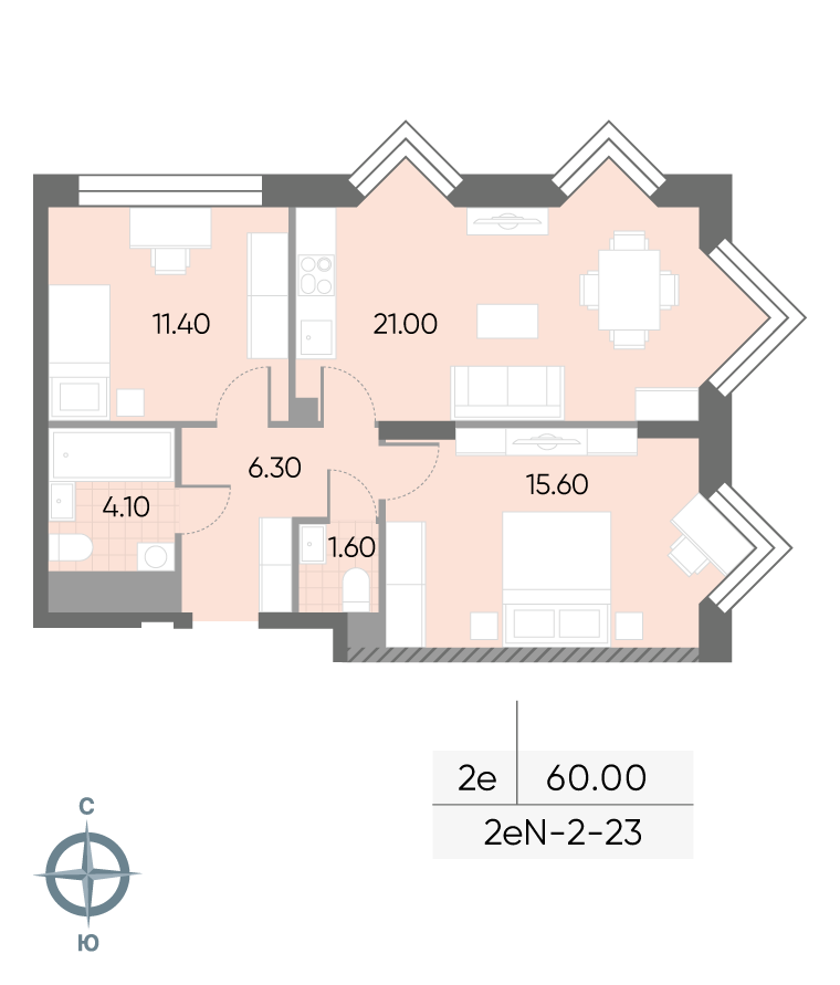 Планировка 2-комн, 60 м²