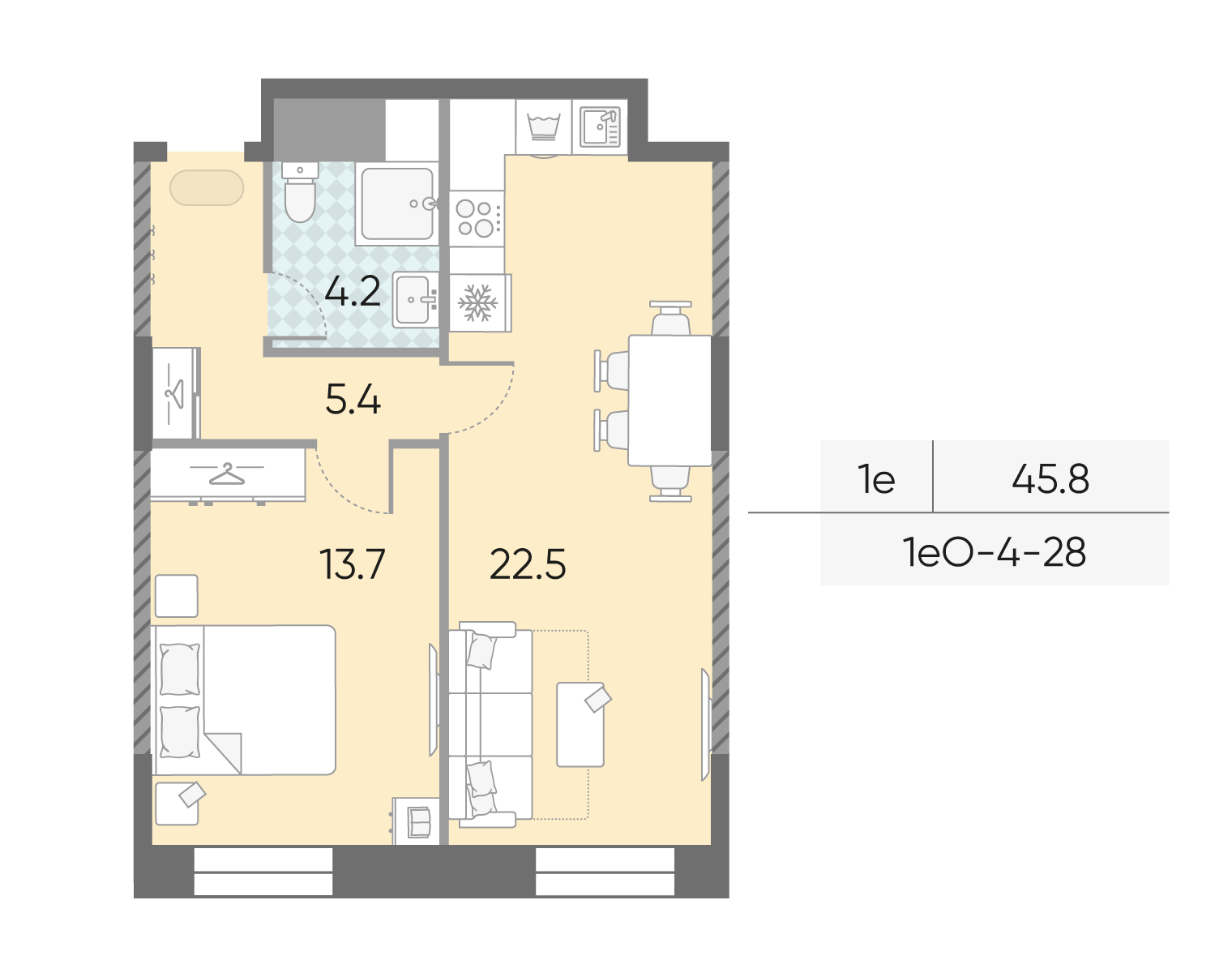 Планировка 1-комн, 45.8 м²