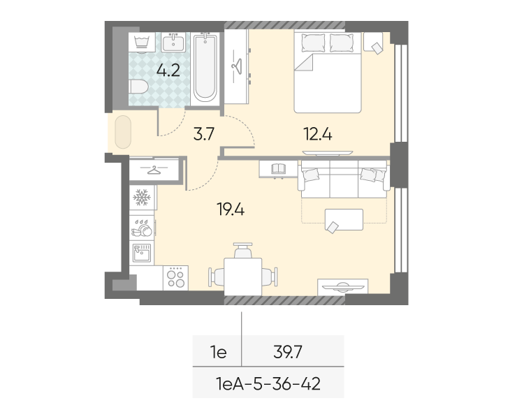 Планировка 1-комн, 39.7 м²