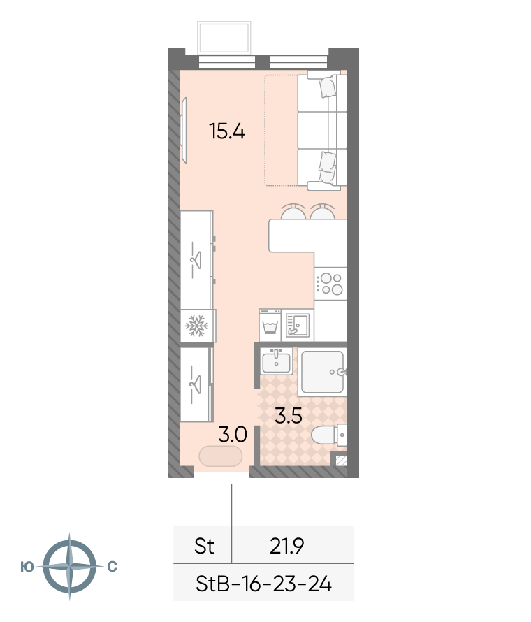 Планировка Студия, 21.9 м²