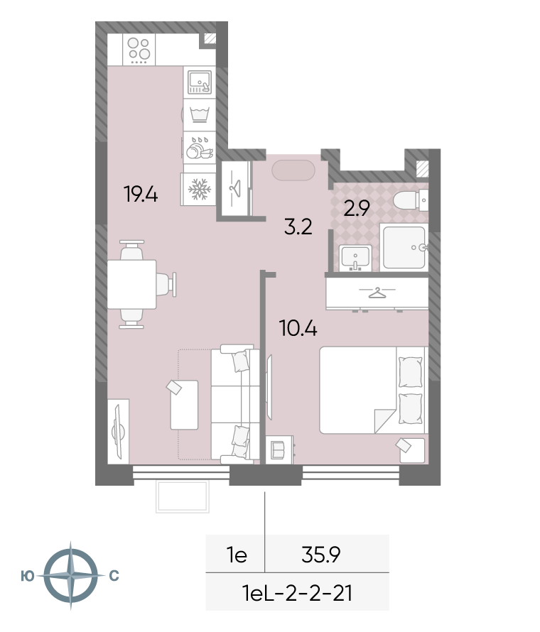 Планировка 1-комн, 35.9 м²