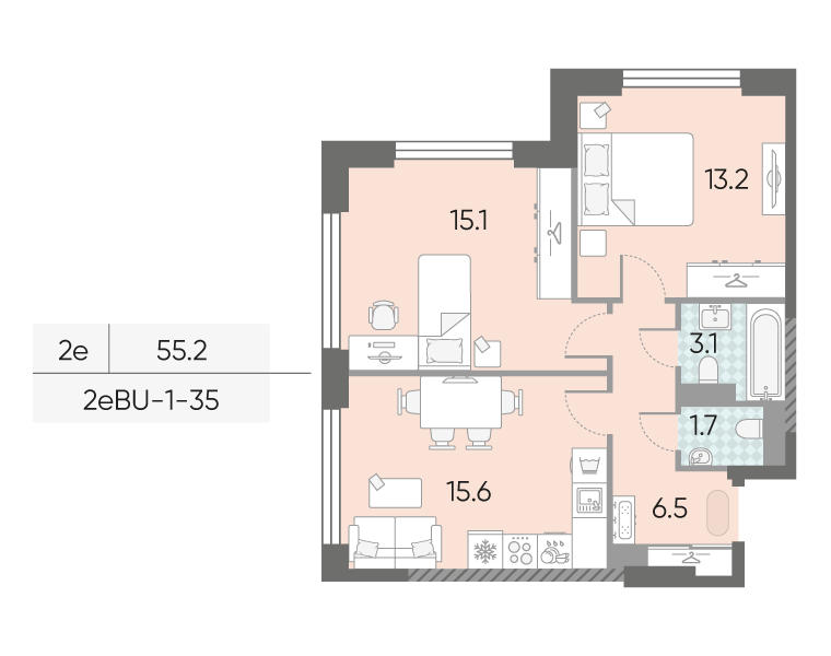 Планировка 2-комн, 55.2 м²