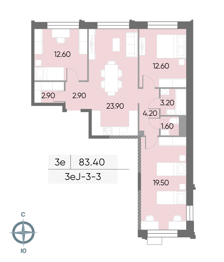 Планировка 3-комн, 83.4 м²
