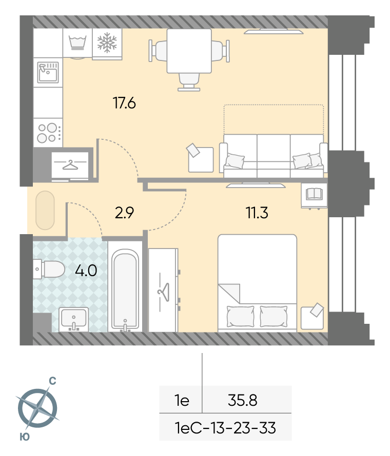 Планировка 1-комн, 35.8 м²