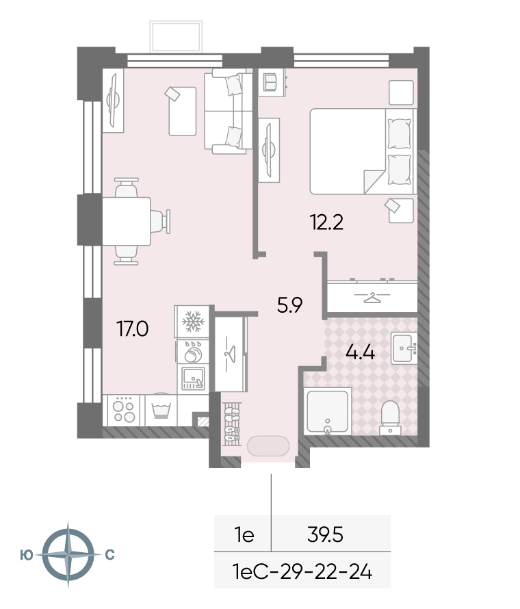 Планировка 1-комн, 39.5 м²