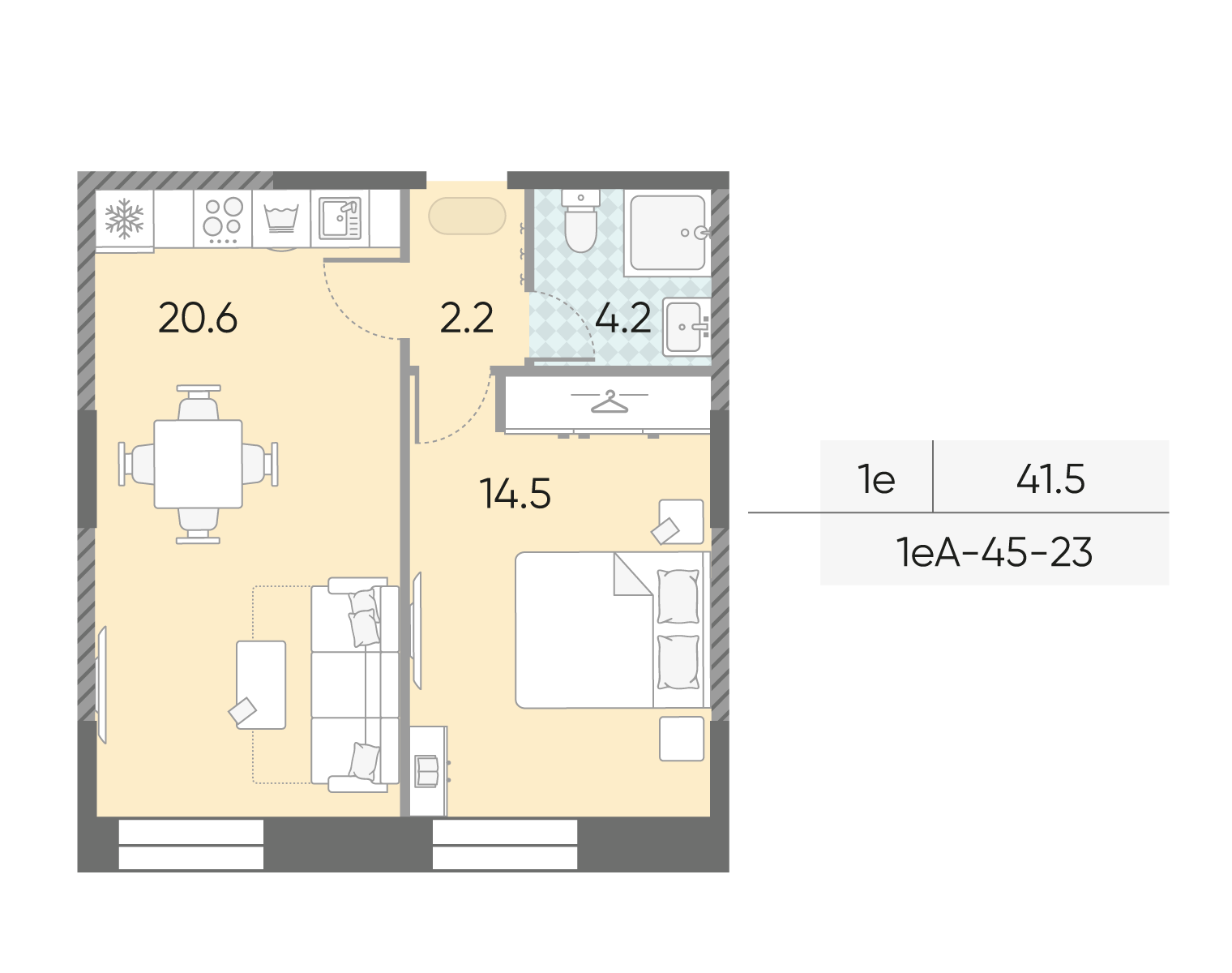 Планировка 1-комн, 41.5 м²