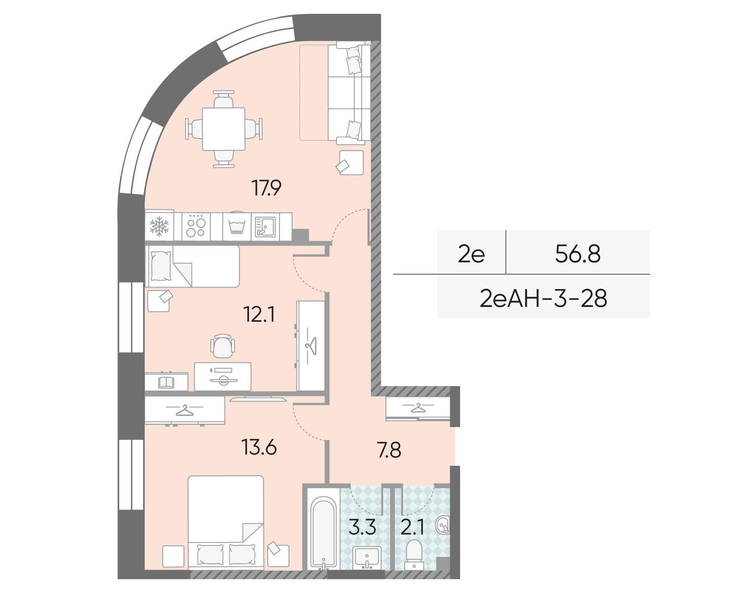Планировка 2-комн, 56.8 м²