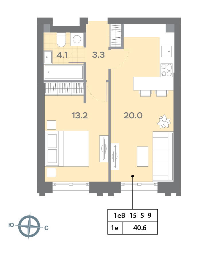 Планировка 1-комн, 40.6 м²