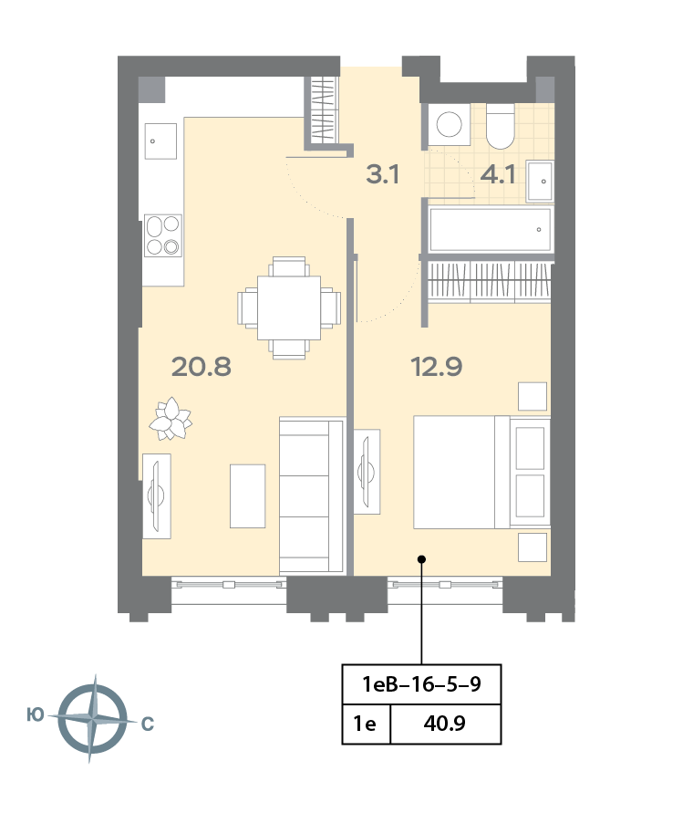Планировка 1-комн, 40.9 м²