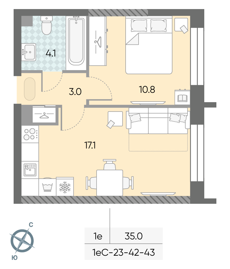 Планировка 1-комн, 35 м²