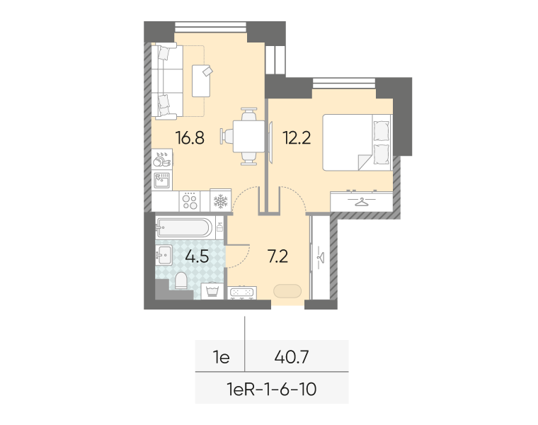 Планировка 1-комн, 40.7 м²