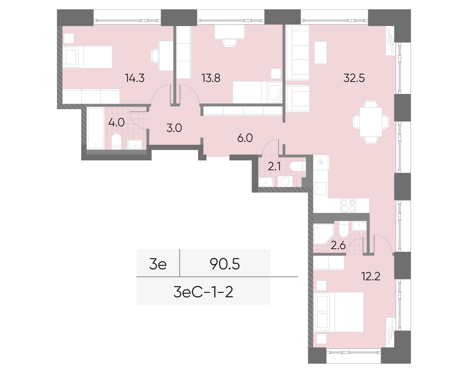 Планировка 3-комн, 90.5 м²