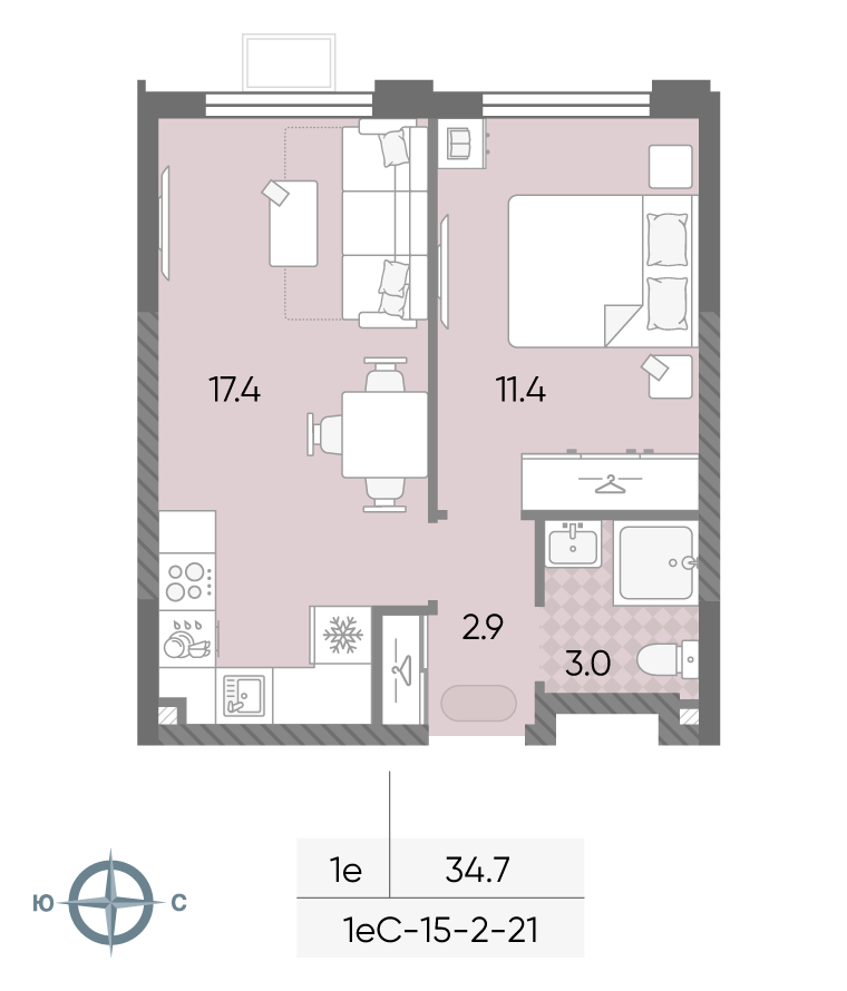 Планировка 1-комн, 34.7 м²
