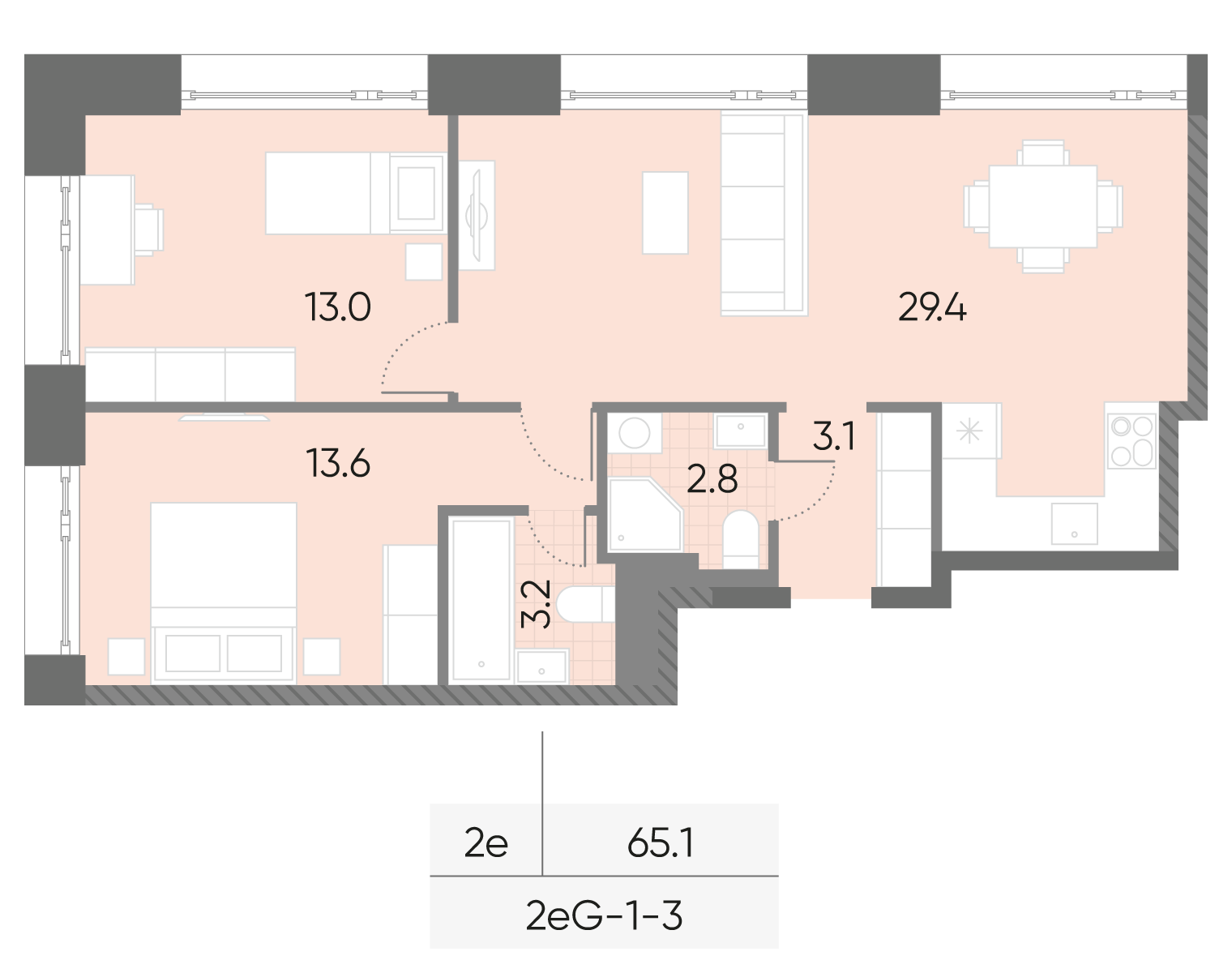 Планировка 2-комн, 65.1 м²