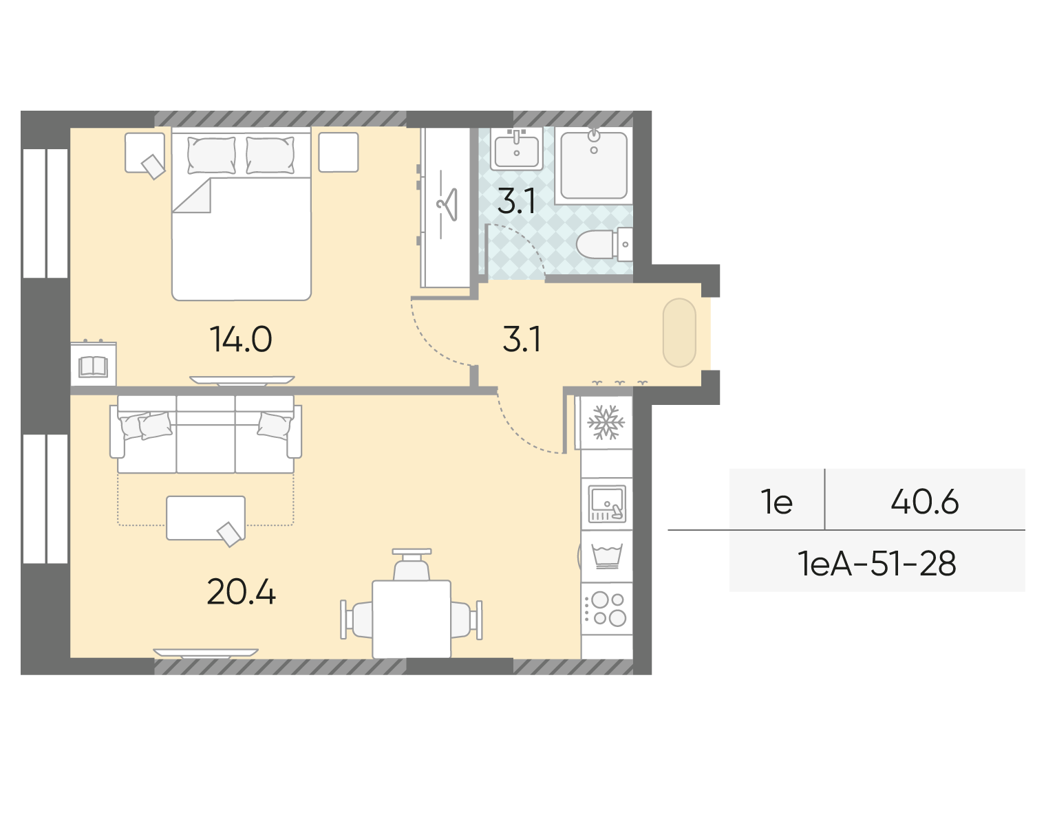 Планировка 1-комн, 40.6 м²