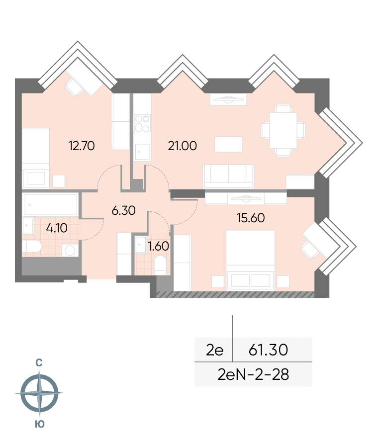 Планировка 2-комн, 61.3 м²
