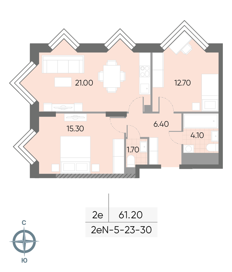 Планировка 2-комн, 61.2 м²