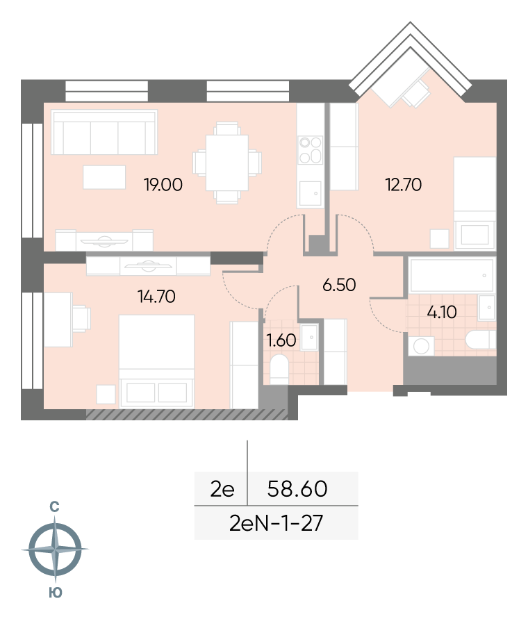 Планировка 2-комн, 58.6 м²