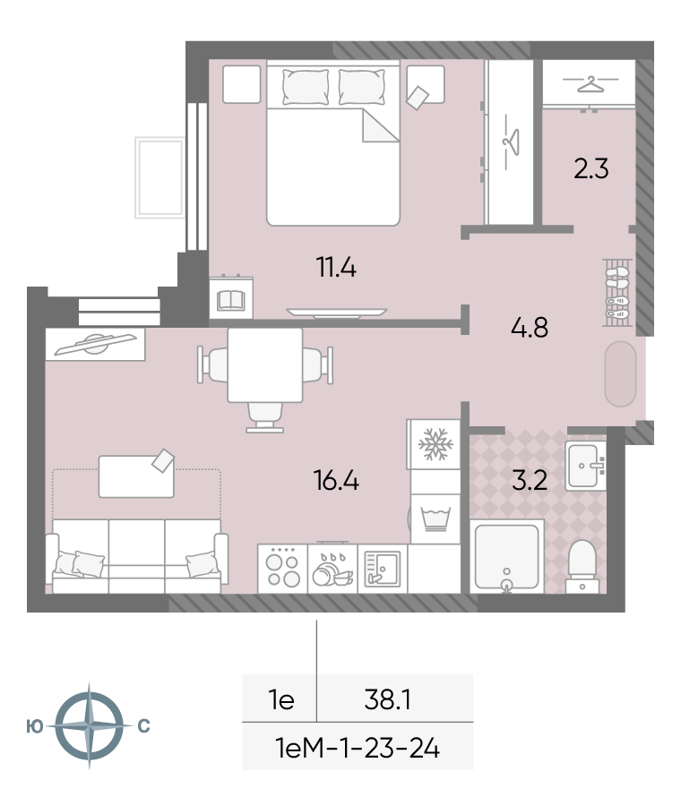 Планировка 1-комн, 38.1 м²