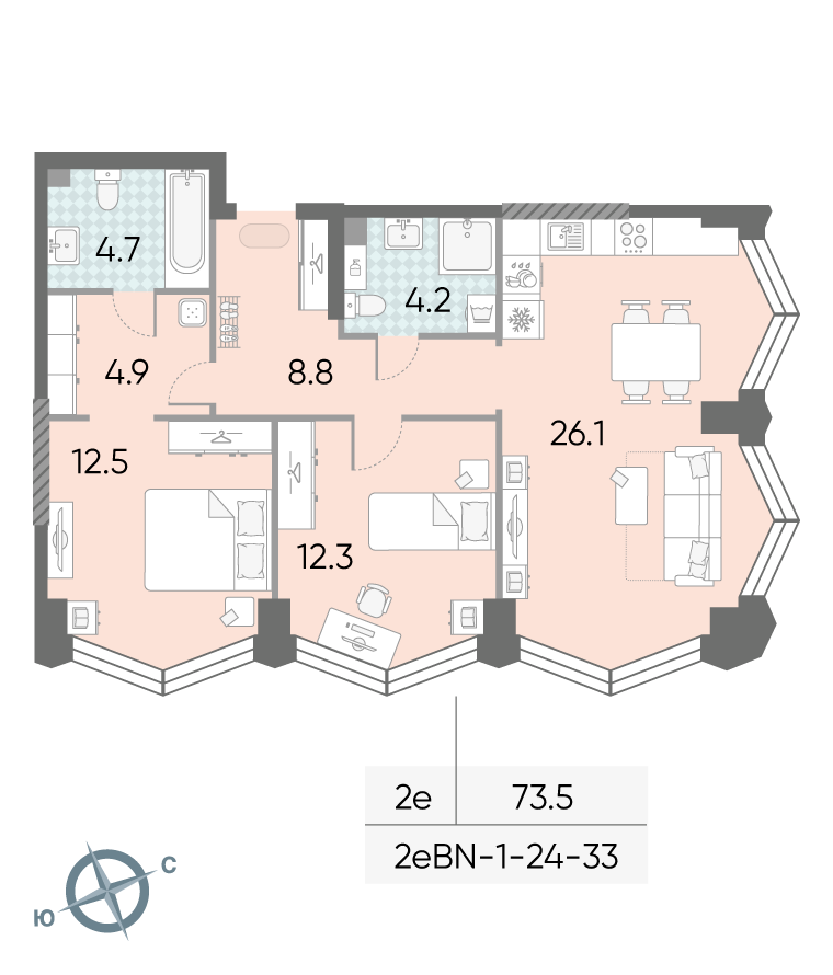 Планировка 2-комн, 73.5 м²
