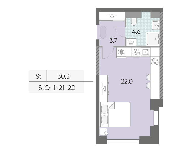 Планировка Студия, 30.3 м²