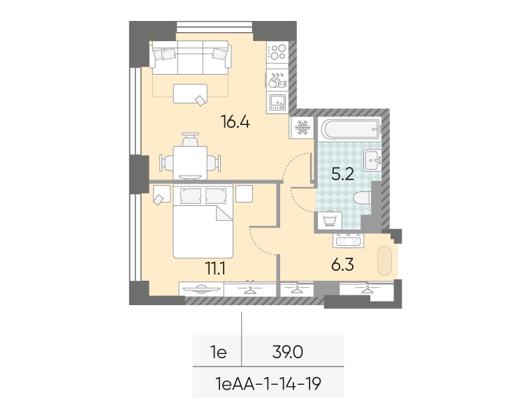 Планировка 1-комн, 39 м²