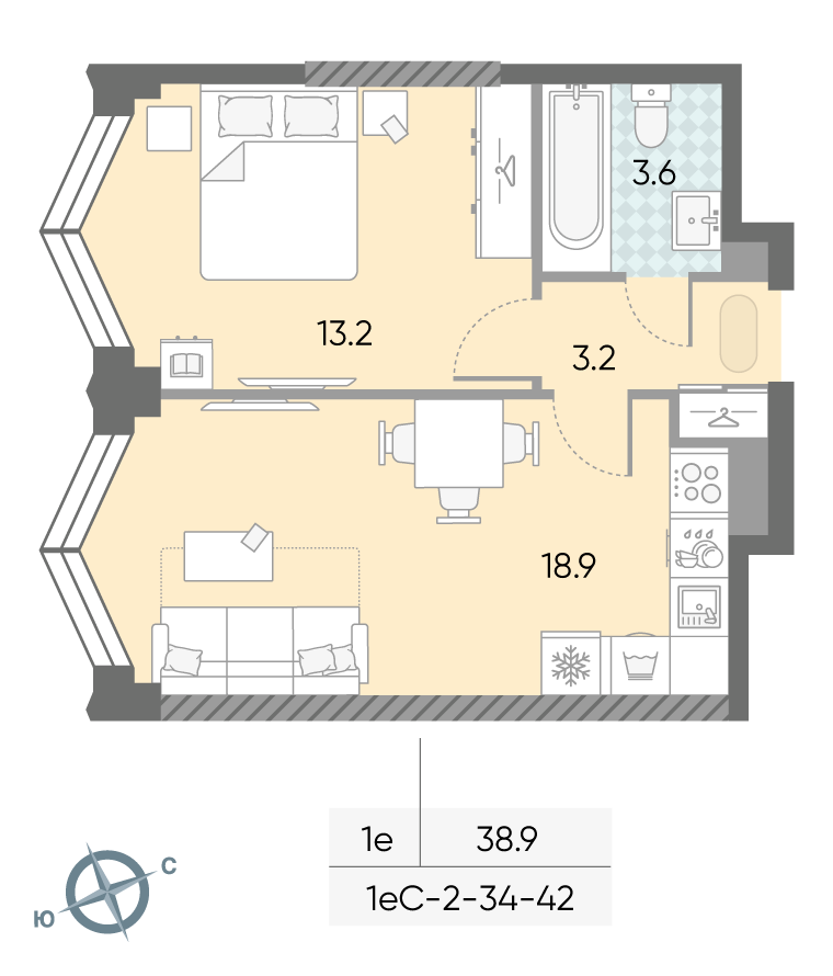 Планировка 1-комн, 38.9 м²