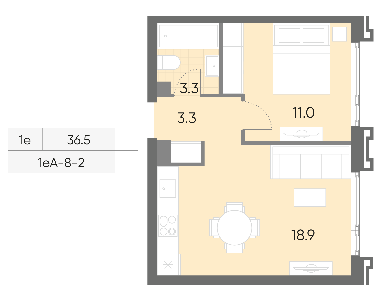 Планировка 1-комн, 36.5 м²